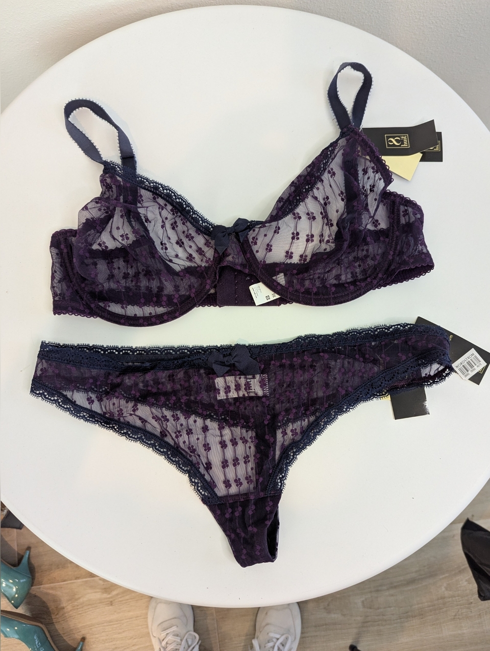 Huit Myrtille Purple Sheer Lace Bra 36D + Panty L NWT